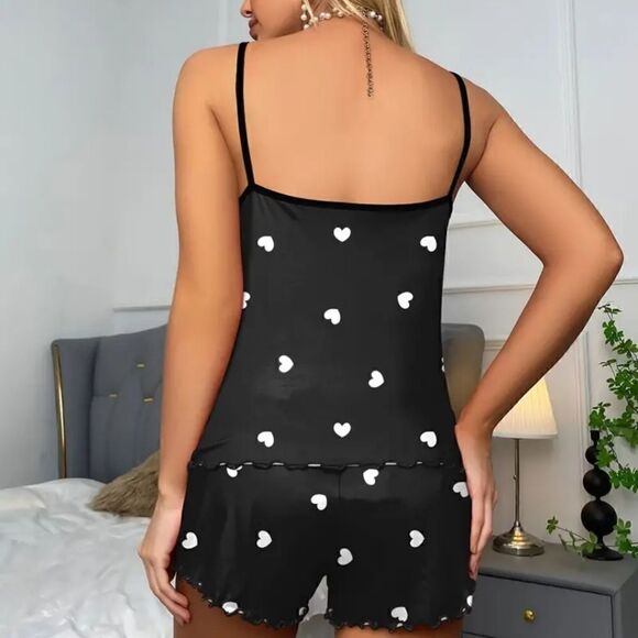 Black Heart Print Pajama Set - Sleeveless, Stretch Casual Sleepwear & Loungewear - Picture 4 of 6
